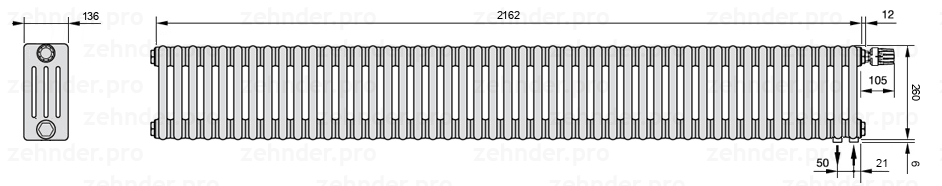 Схема (чертеж) Радиатор Zehnder Charleston 4026/47 №V002 Белый глянцевый RAL 9016